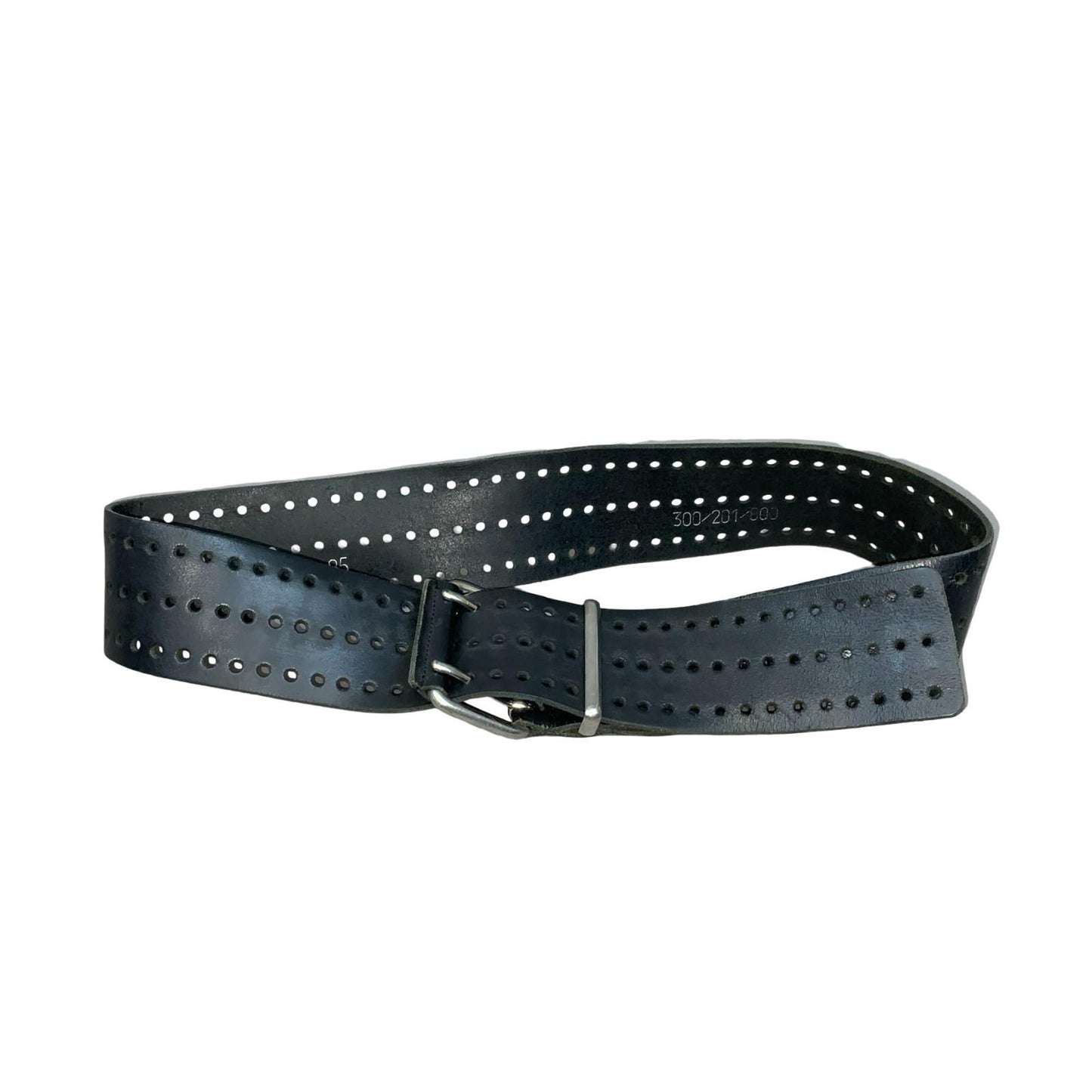 90s Black Distressed Cut-Out Hole Silver Square Buckle Leather Belt S UK 8/10