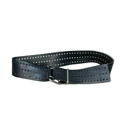 90s Black Distressed Cut-Out Hole Silver Square Buckle Leather Belt S UK 8/10