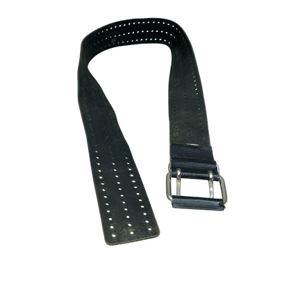 90s Black Distressed Cut-Out Hole Silver Square Buckle Leather Belt S UK 8/10