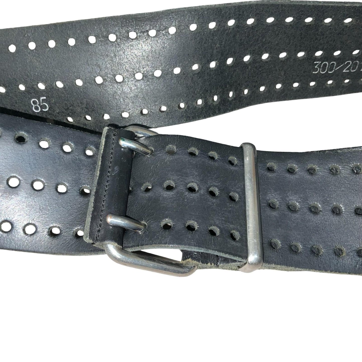 90s Black Distressed Cut-Out Hole Silver Square Buckle Leather Belt S UK 8/10