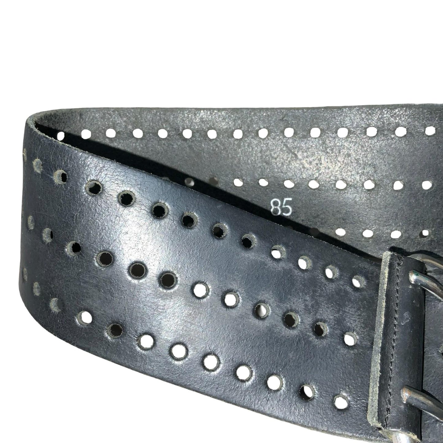 90s Black Distressed Cut-Out Hole Silver Square Buckle Leather Belt S UK 8/10