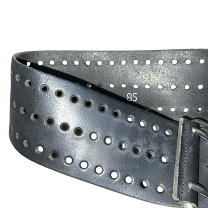 90s Black Distressed Cut-Out Hole Silver Square Buckle Leather Belt S UK 8/10