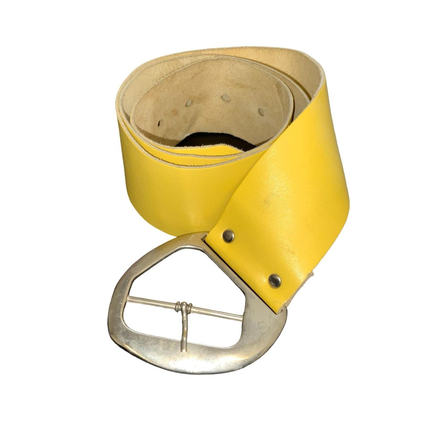 Vtg Yellow Asymmetric Geometric Glam Statement Thick Leather Belt M/L UK 14/16