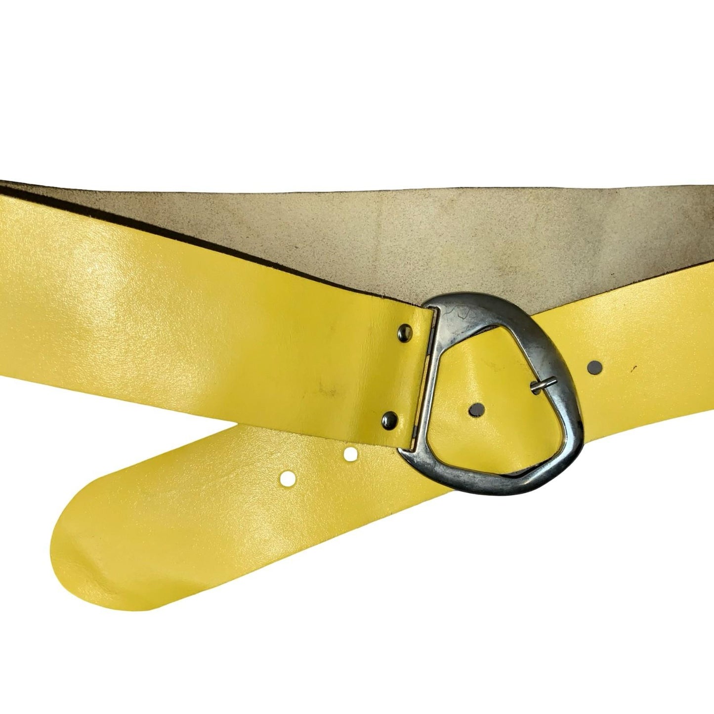 Vtg Yellow Asymmetric Geometric Glam Statement Thick Leather Belt M/L UK 14/16