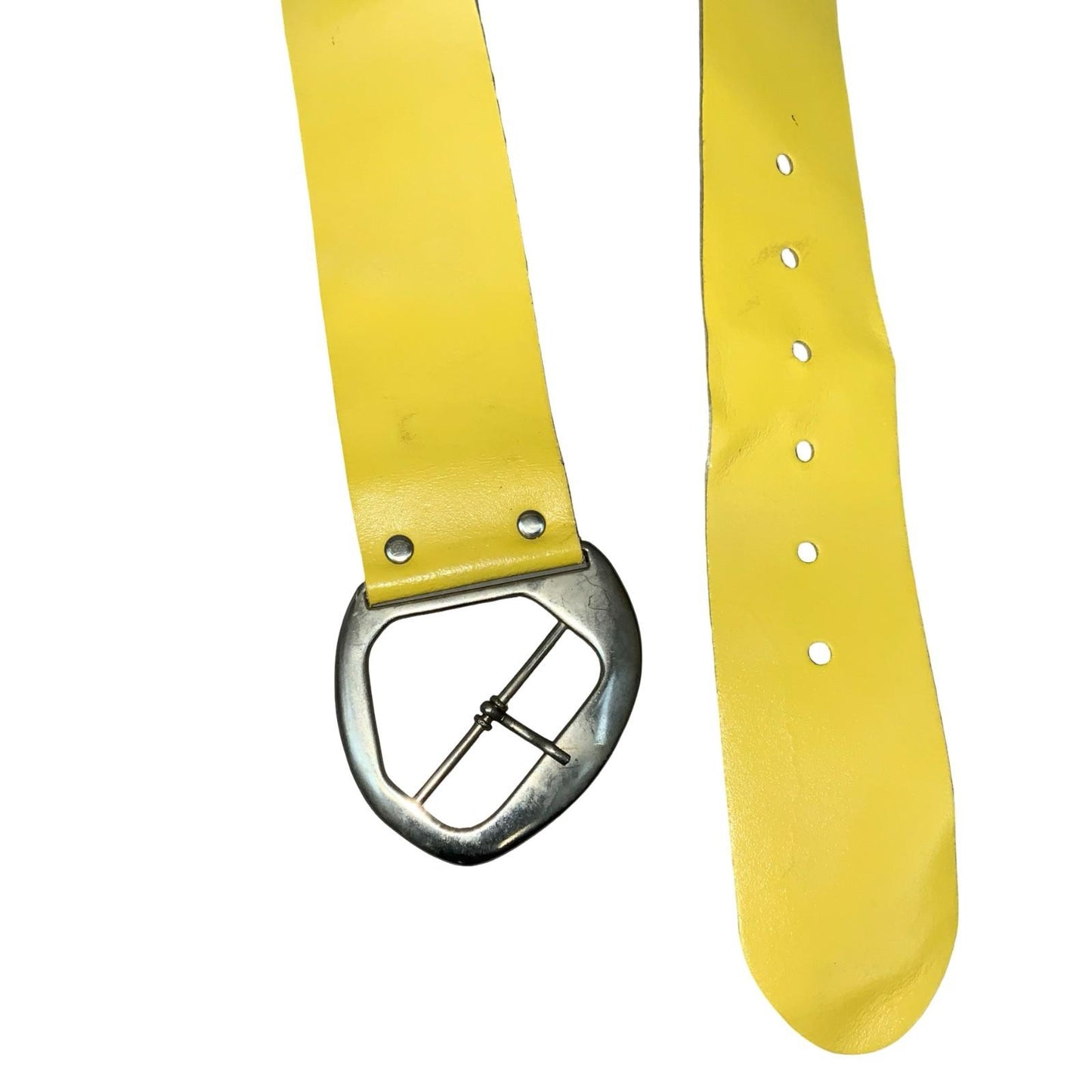 Vtg Yellow Asymmetric Geometric Glam Statement Thick Leather Belt M/L UK 14/16
