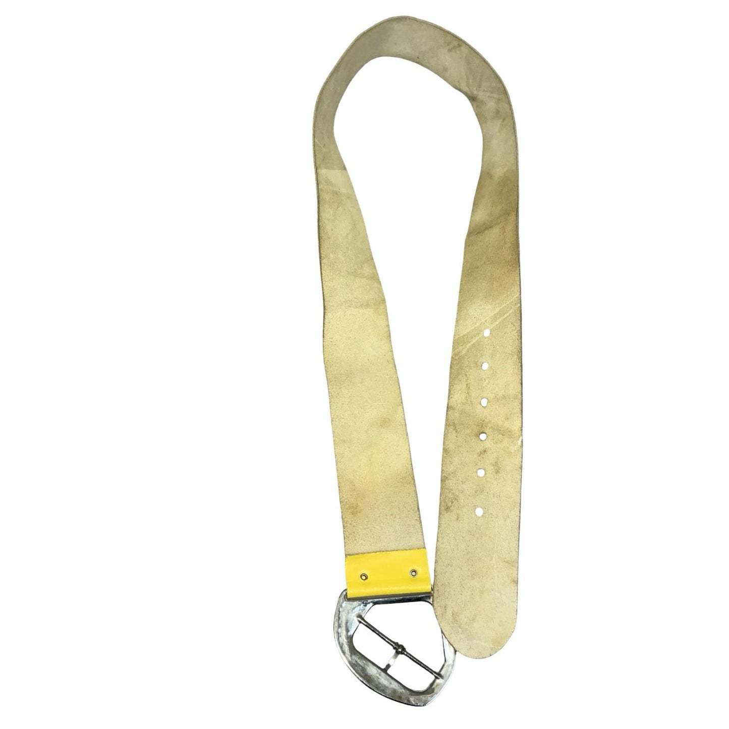 Vtg Yellow Asymmetric Geometric Glam Statement Thick Leather Belt M/L UK 14/16