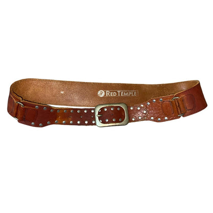 Vtg 'Red Temple' Brown Studded Statement Boho Western Leather Belt UK 14/16 L