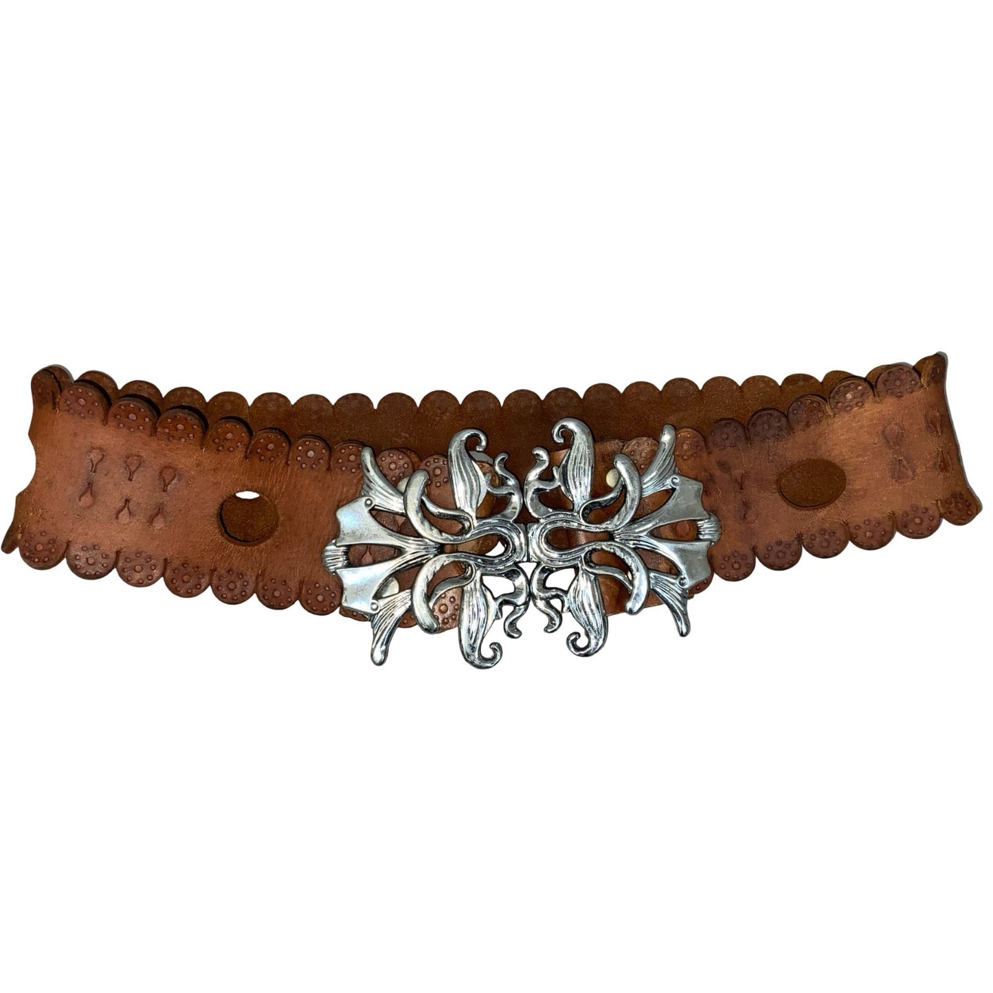 90s y2k Brown Leather Ornate Boho Cut-Out Clasp Buckle Floral Belt UK 12 M
