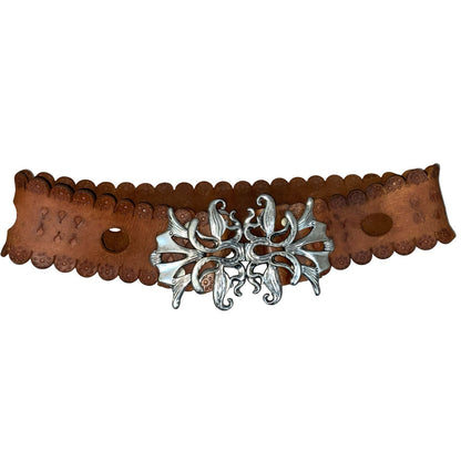 90s y2k Brown Leather Ornate Boho Cut-Out Clasp Buckle Floral Belt UK 12 M