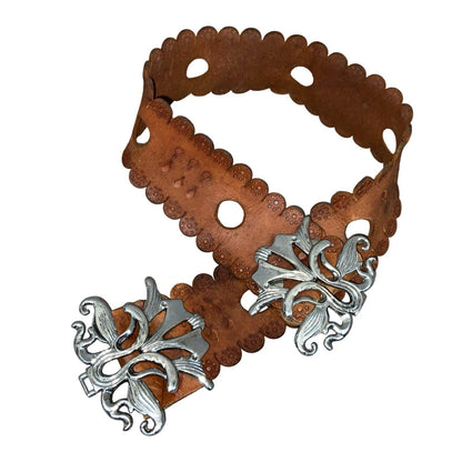 90s y2k Brown Leather Ornate Boho Cut-Out Clasp Buckle Floral Belt UK 12 M
