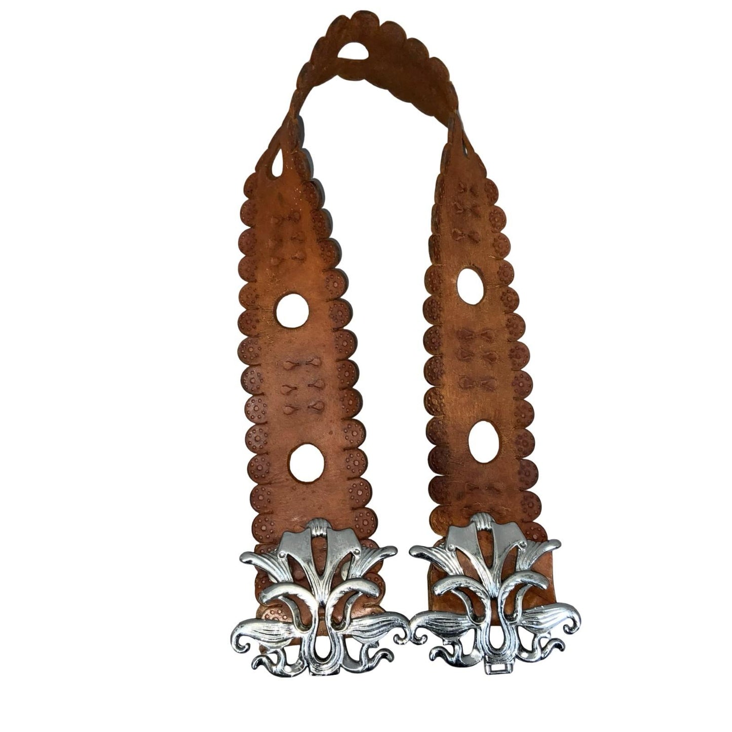 90s y2k Brown Leather Ornate Boho Cut-Out Clasp Buckle Floral Belt UK 12 M