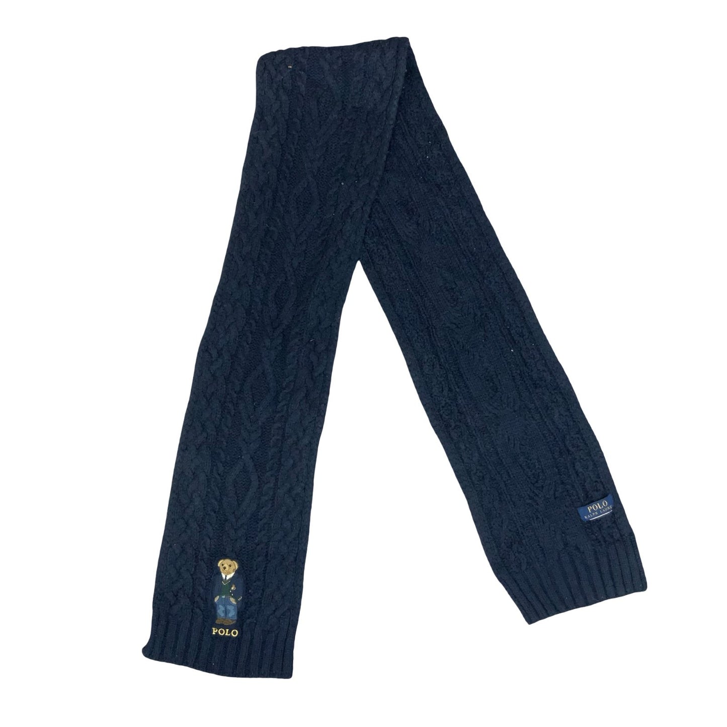 'Polo Ralph Lauren' Navy Blue Cable Knit Embroidered Bear Long Warm Scarf