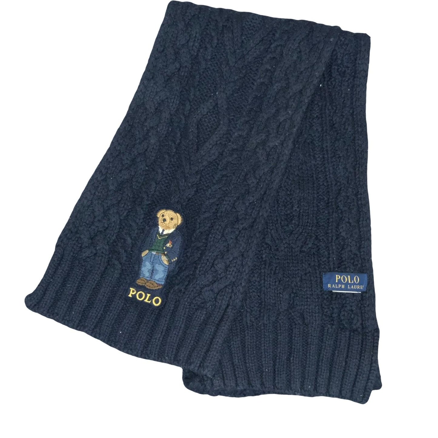 'Polo Ralph Lauren' Navy Blue Cable Knit Embroidered Bear Long Warm Scarf