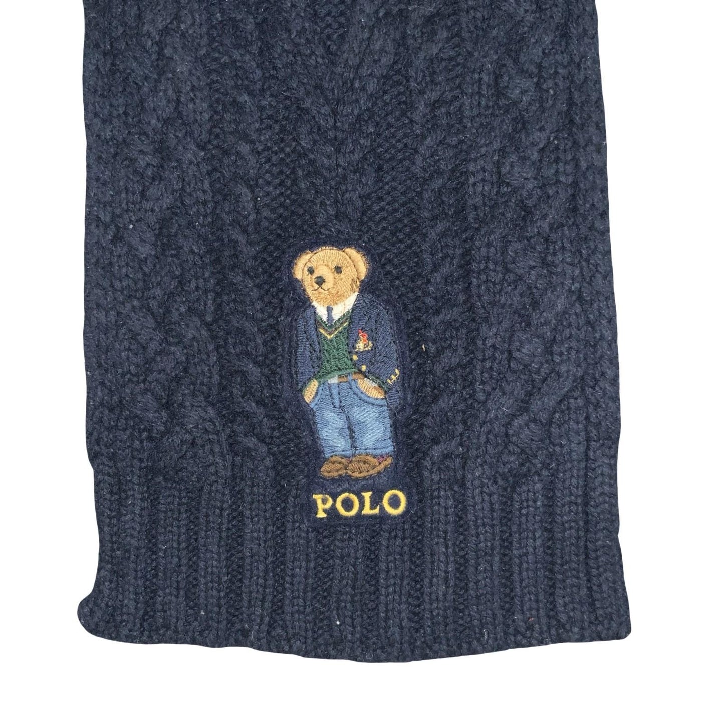 'Polo Ralph Lauren' Navy Blue Cable Knit Embroidered Bear Long Warm Scarf