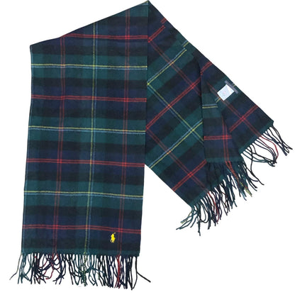 90s 'Polo Ralph Lauren' 100% Wool Blue Green Plaid Wide Warm Winter Scarf