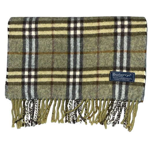 1980s 'Burberrys of London' Green Grey Nova Check 100% Lambswool Winter Scarf