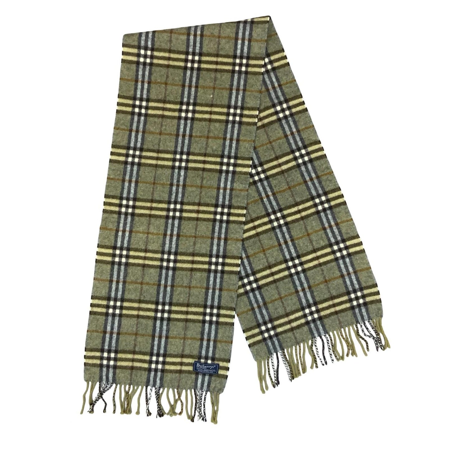 1980s 'Burberrys of London' Green Grey Nova Check 100% Lambswool Winter Scarf