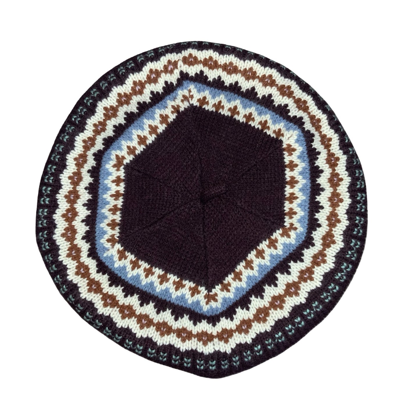 70s 'C&A' Purple Fair Isle Pattern Blue Brown White Fleece Lined Beret One Size