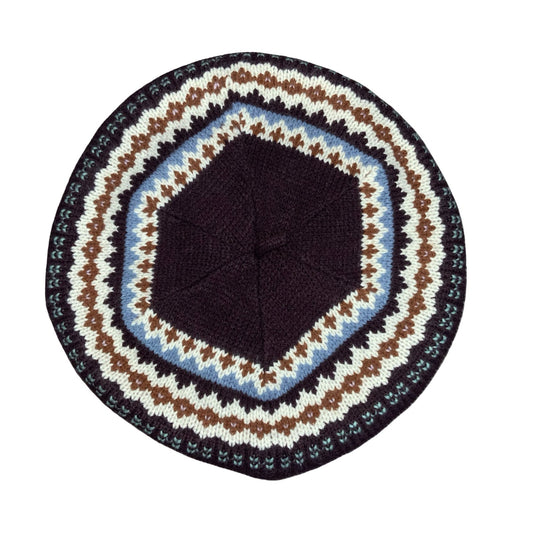 70s 'C&A' Purple Fair Isle Pattern Blue Brown White Fleece Lined Beret One Size