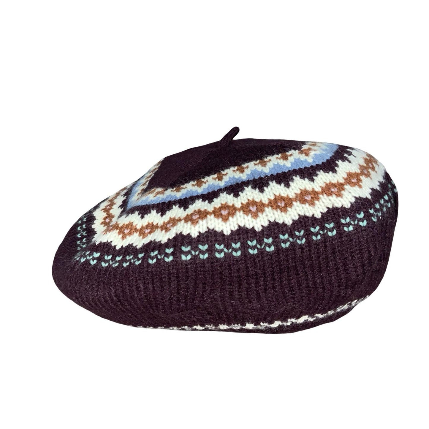 70s 'C&A' Purple Fair Isle Pattern Blue Brown White Fleece Lined Beret One Size