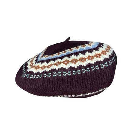 70s 'C&A' Purple Fair Isle Pattern Blue Brown White Fleece Lined Beret One Size