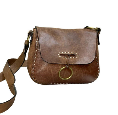 Vtg Brown Leather Ring Closure Detail Crossbody Saddle Satchel Bag