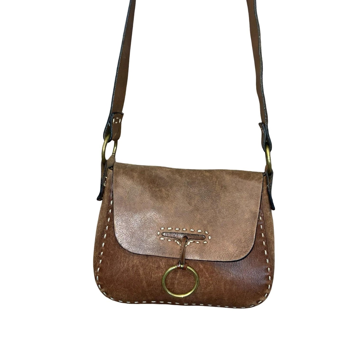 Vtg Brown Leather Ring Closure Detail Crossbody Saddle Satchel Bag