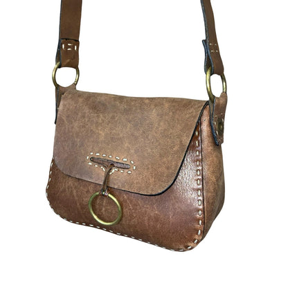 Vtg Brown Leather Ring Closure Detail Crossbody Saddle Satchel Bag