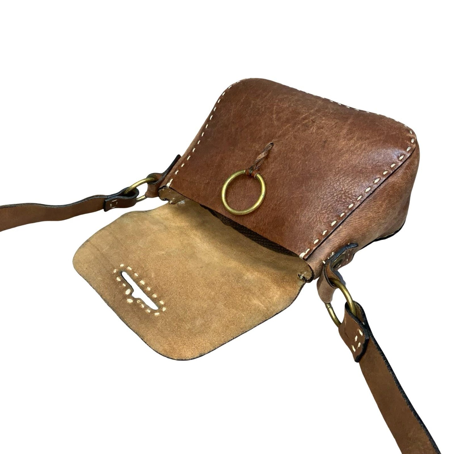 Vtg Brown Leather Ring Closure Detail Crossbody Saddle Satchel Bag