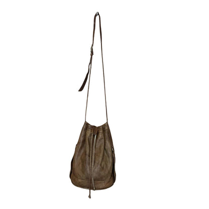 Vtg 90s Brown Leather Bohemian Casual Drawstring Crossbody Shoulder Bucket Bag
