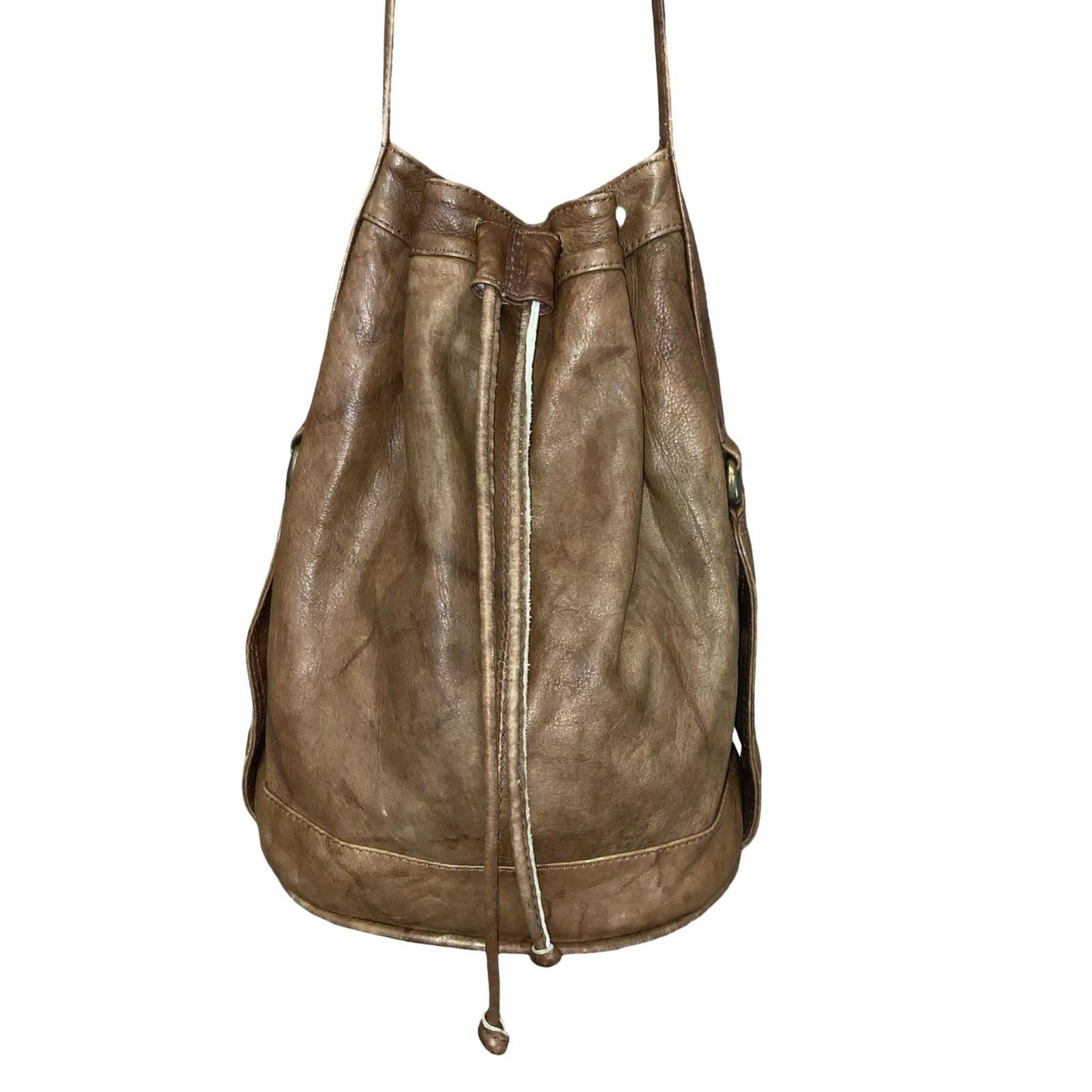 Vtg 90s Brown Leather Bohemian Casual Drawstring Crossbody Shoulder Bucket Bag