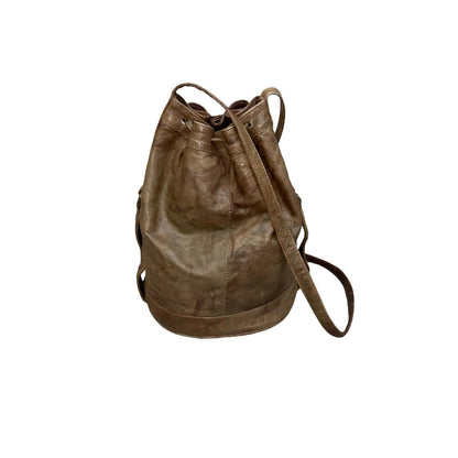 Vtg 90s Brown Leather Bohemian Casual Drawstring Crossbody Shoulder Bucket Bag