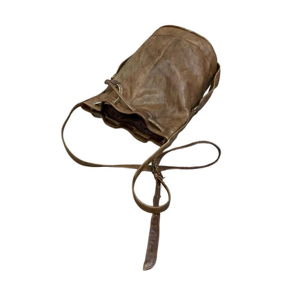 Vtg 90s Brown Leather Bohemian Casual Drawstring Crossbody Shoulder Bucket Bag