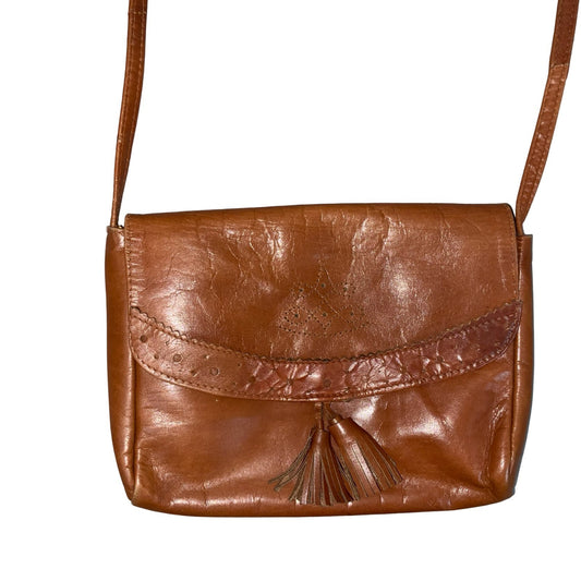 Vtg 'Giovanni' Brown Leather Tassel Cut-Out Pattern Small Crossbody Hand Bag