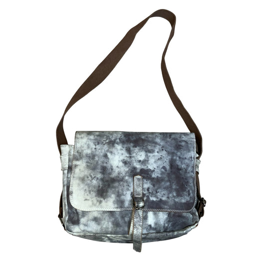 90s 'Marc Cain Sports' Grey White Mottled Tye-Dye Messenger Leather Suede Bag
