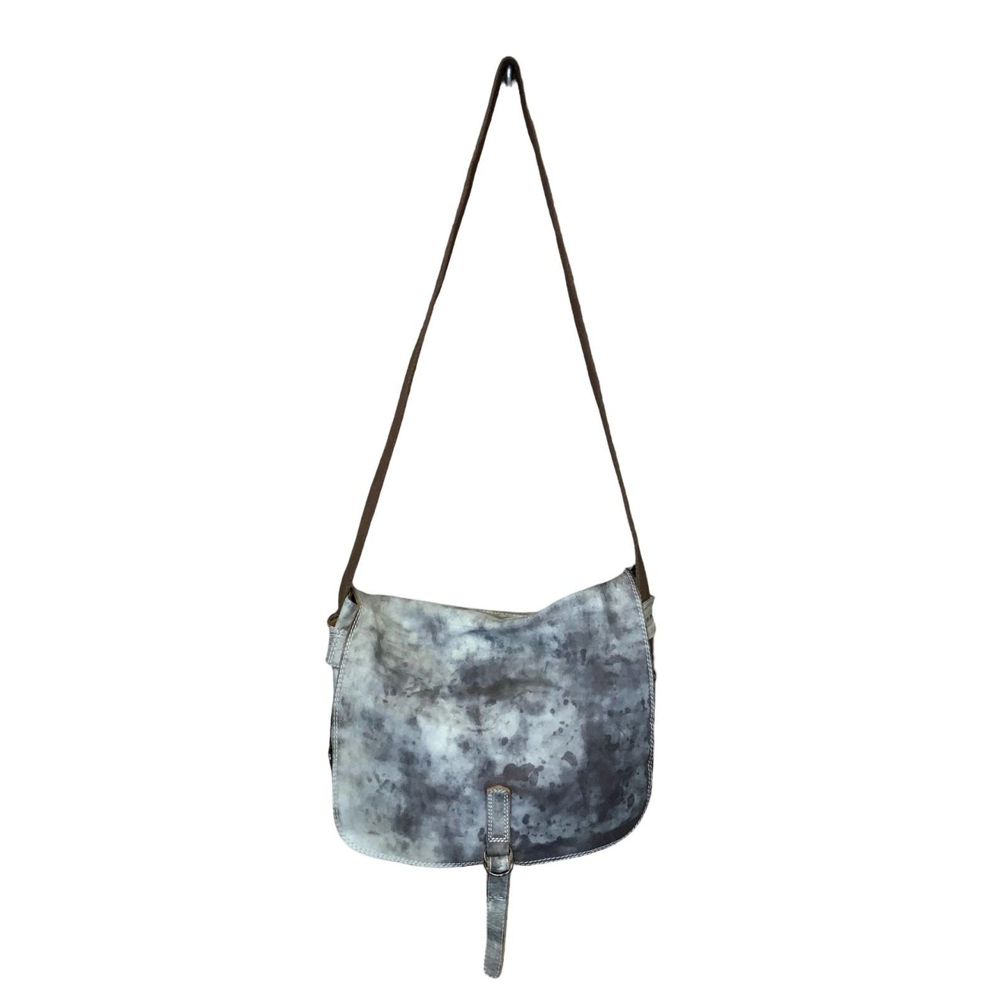 90s 'Marc Cain Sports' Grey White Mottled Tye-Dye Messenger Leather Suede Bag