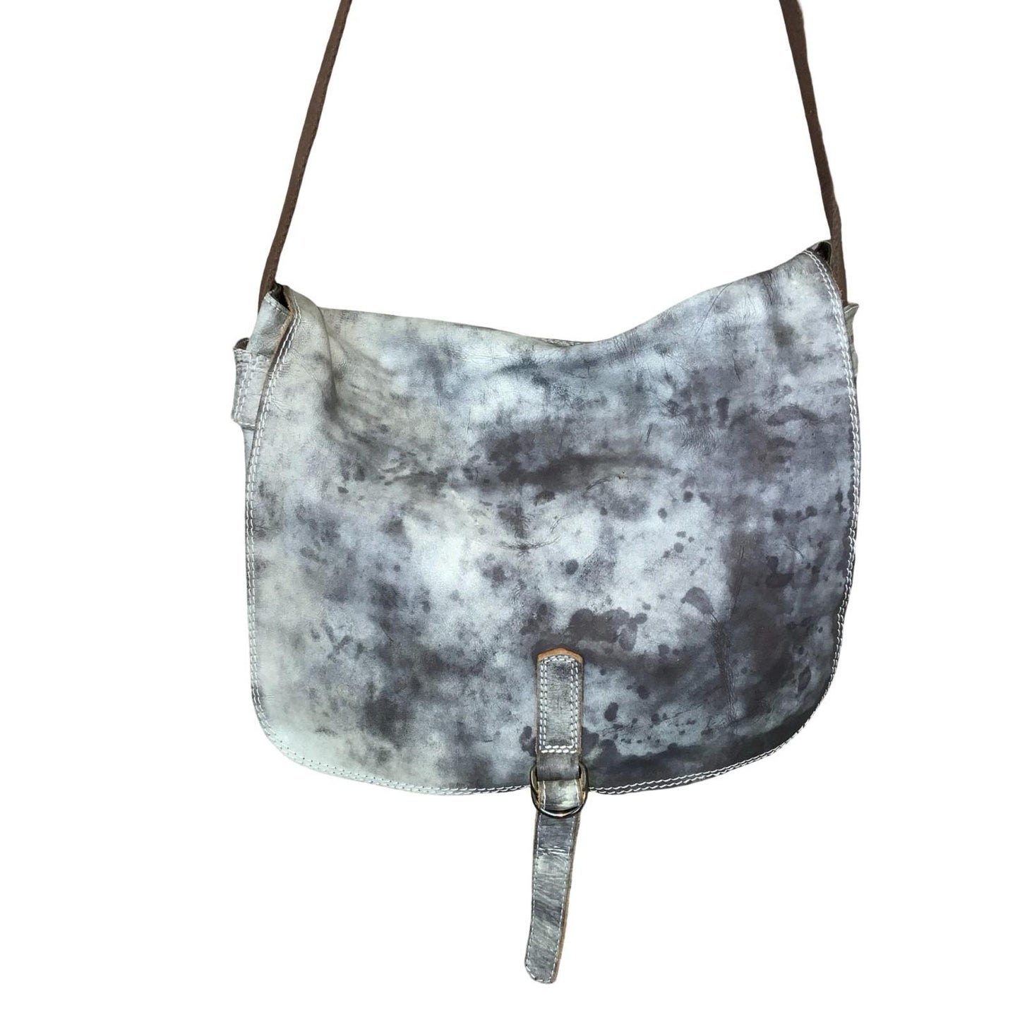 90s 'Marc Cain Sports' Grey White Mottled Tye-Dye Messenger Leather Suede Bag