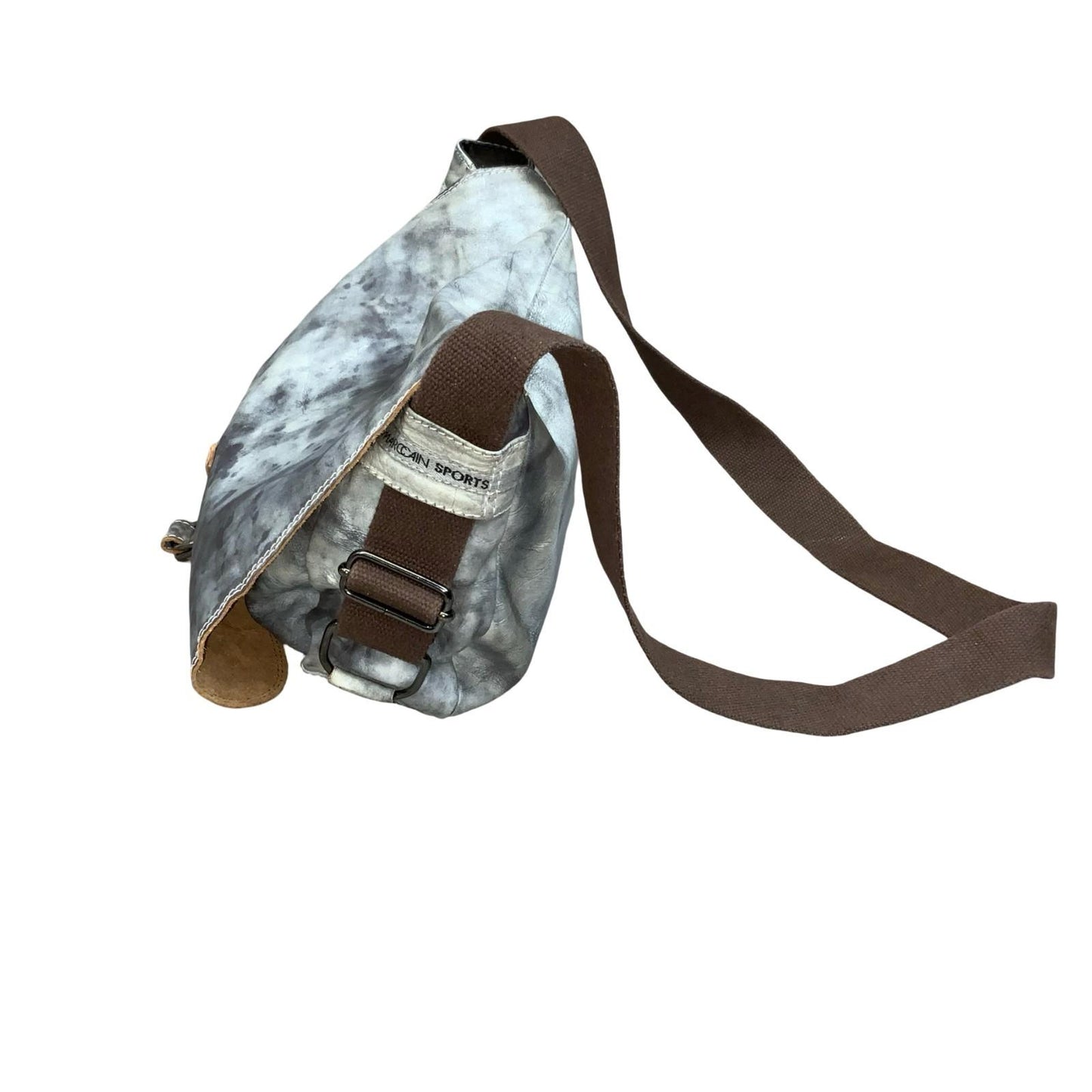 90s 'Marc Cain Sports' Grey White Mottled Tye-Dye Messenger Leather Suede Bag