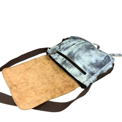 90s 'Marc Cain Sports' Grey White Mottled Tye-Dye Messenger Leather Suede Bag