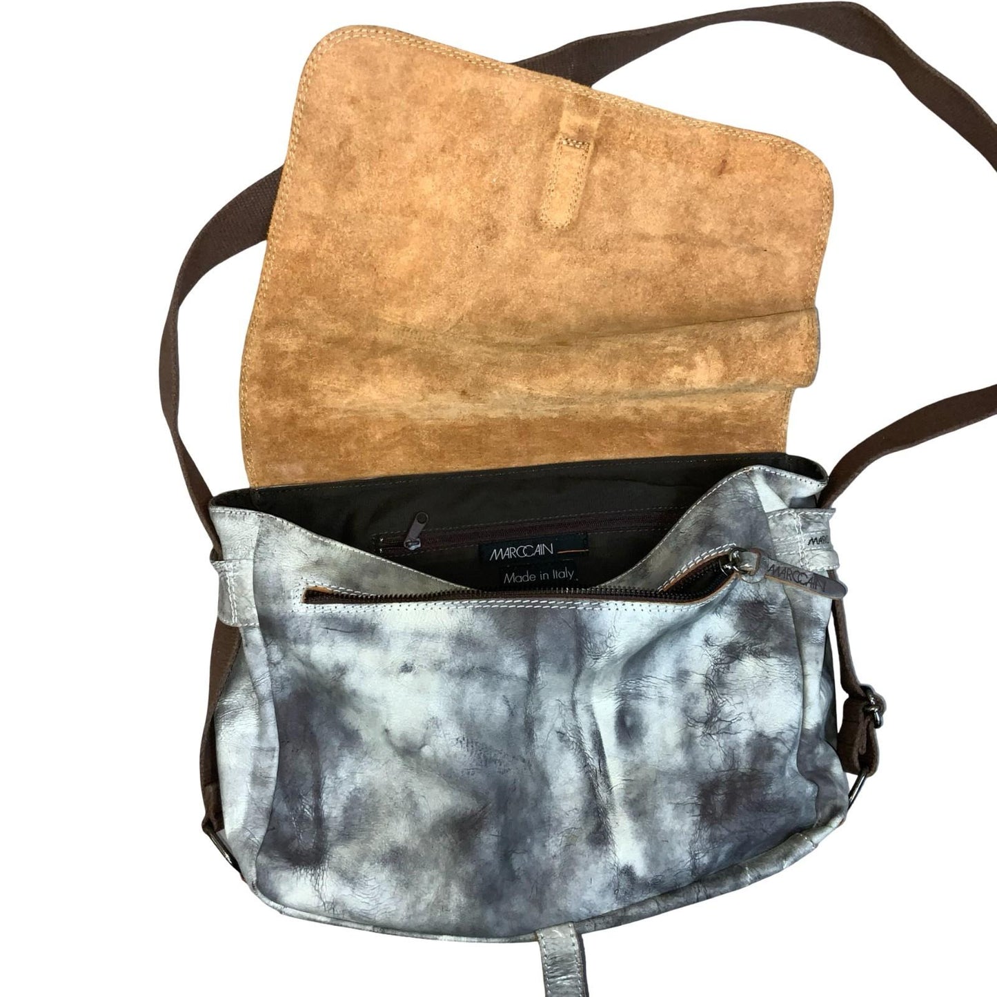 90s 'Marc Cain Sports' Grey White Mottled Tye-Dye Messenger Leather Suede Bag