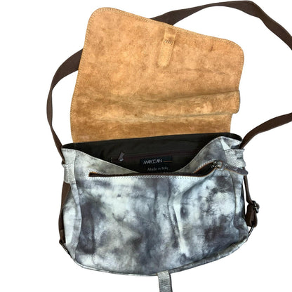 90s 'Marc Cain Sports' Grey White Mottled Tye-Dye Messenger Leather Suede Bag