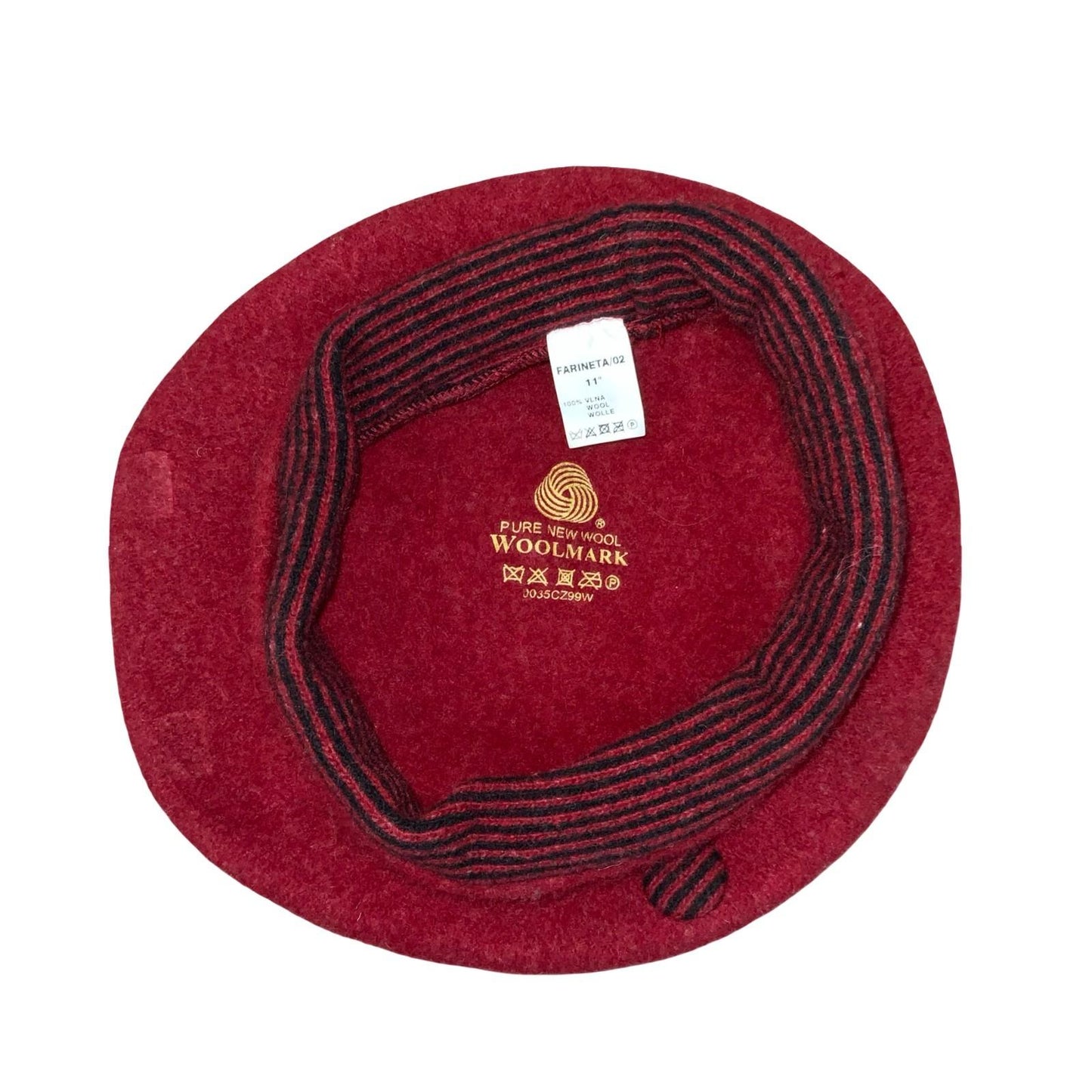 Vtg 'Woolmark' Red Black Stripe Button Classic French Beret Size Medium