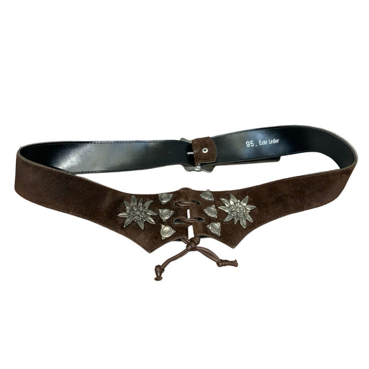 Vtg Brown Austrian Bavarian aEdelweiss Dirndl Corset-Style Suede Belt UK 16/18