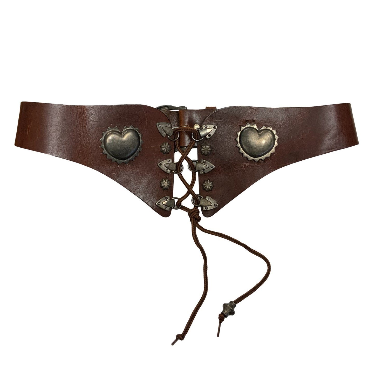 90s Brown Austrian Bavarian Dirndl Metal Heart Corset Style Leather Belt UK 12