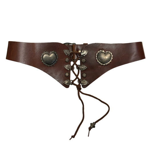 90s Brown Austrian Bavarian Dirndl Metal Heart Corset Style Leather Belt UK 12