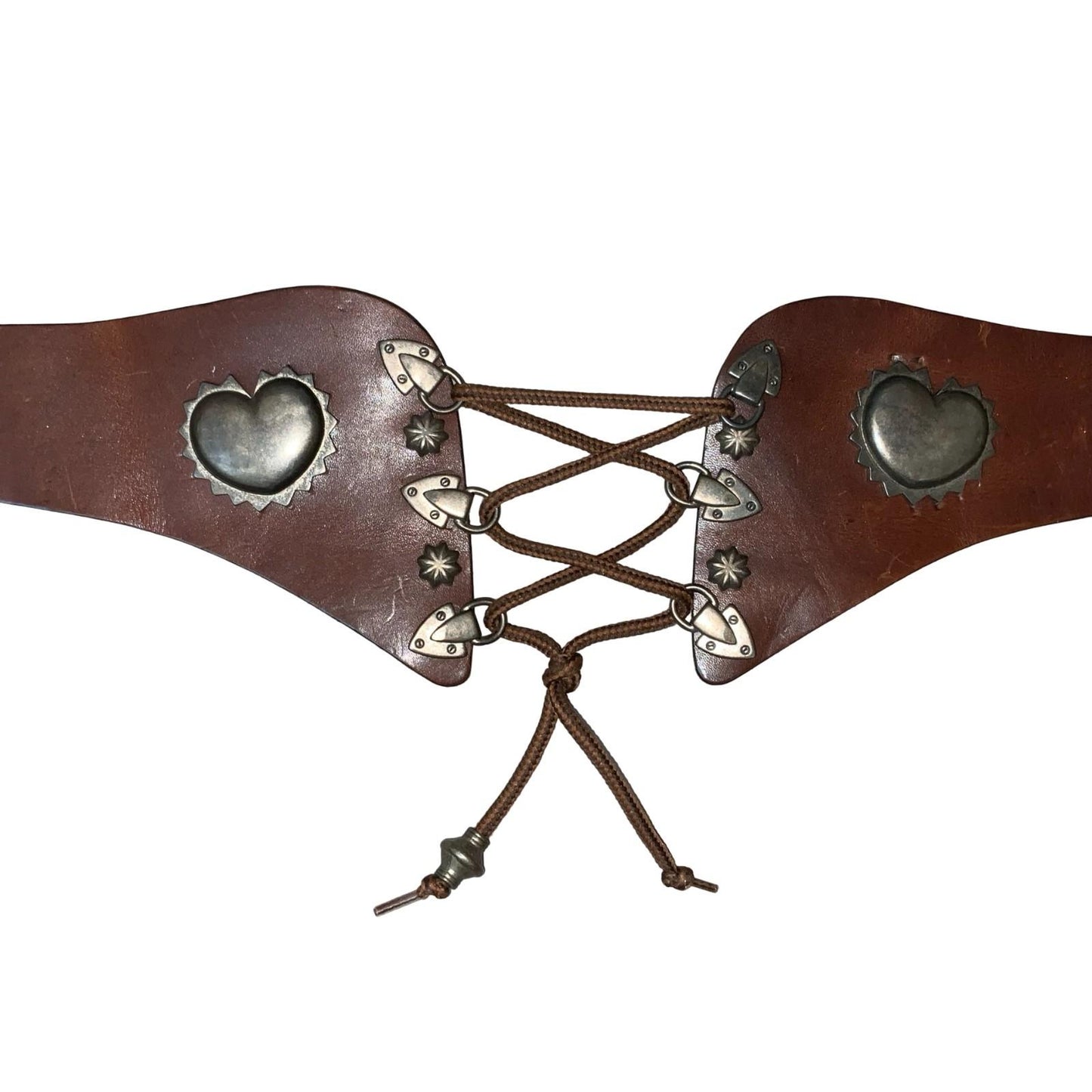 90s Brown Austrian Bavarian Dirndl Metal Heart Corset Style Leather Belt UK 12