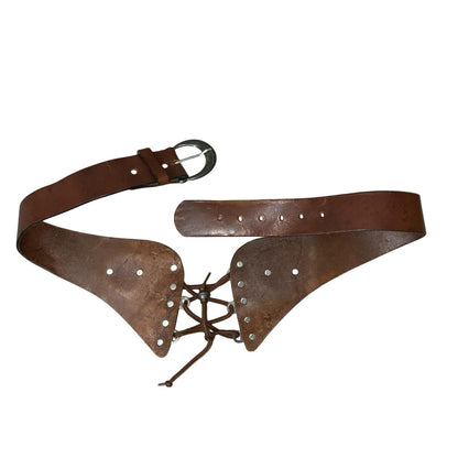 90s Brown Austrian Bavarian Dirndl Metal Heart Corset Style Leather Belt UK 12