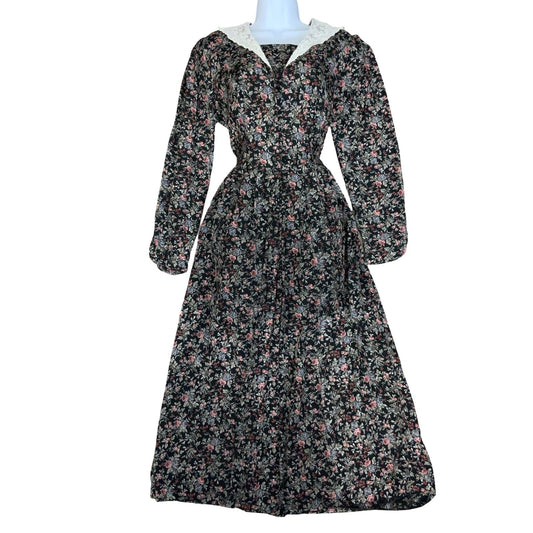80s 'Laura Ashley' Black Floral Cottage Lace Collar Autumnal Midi Dress UK 8