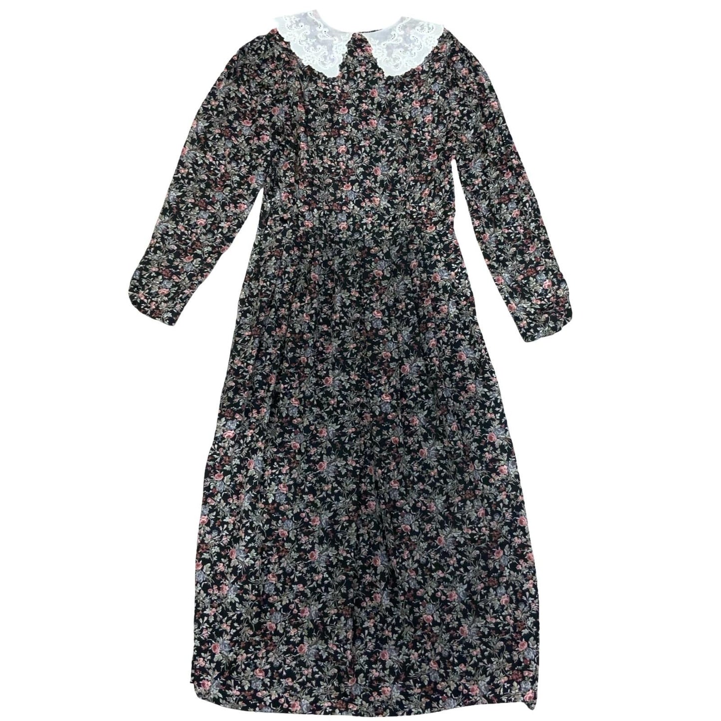 80s 'Laura Ashley' Black Floral Cottage Lace Collar Autumnal Midi Dress UK 8