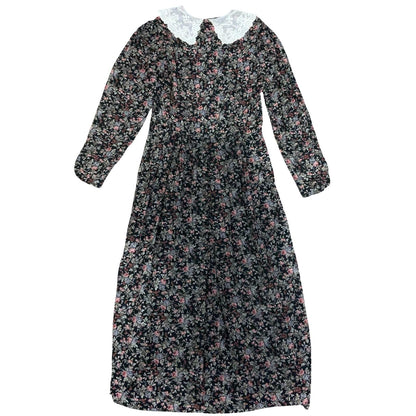 80s 'Laura Ashley' Black Floral Cottage Lace Collar Autumnal Midi Dress UK 8